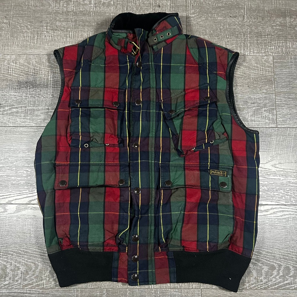 Polo Ralph Lauren Plaid Quilted Vest Mens Large Red Green Excellent Hunting